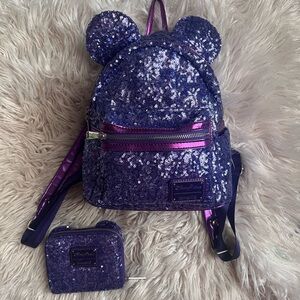 Purple Sequin Loungefly Disney Backpack and Coin Purse Set